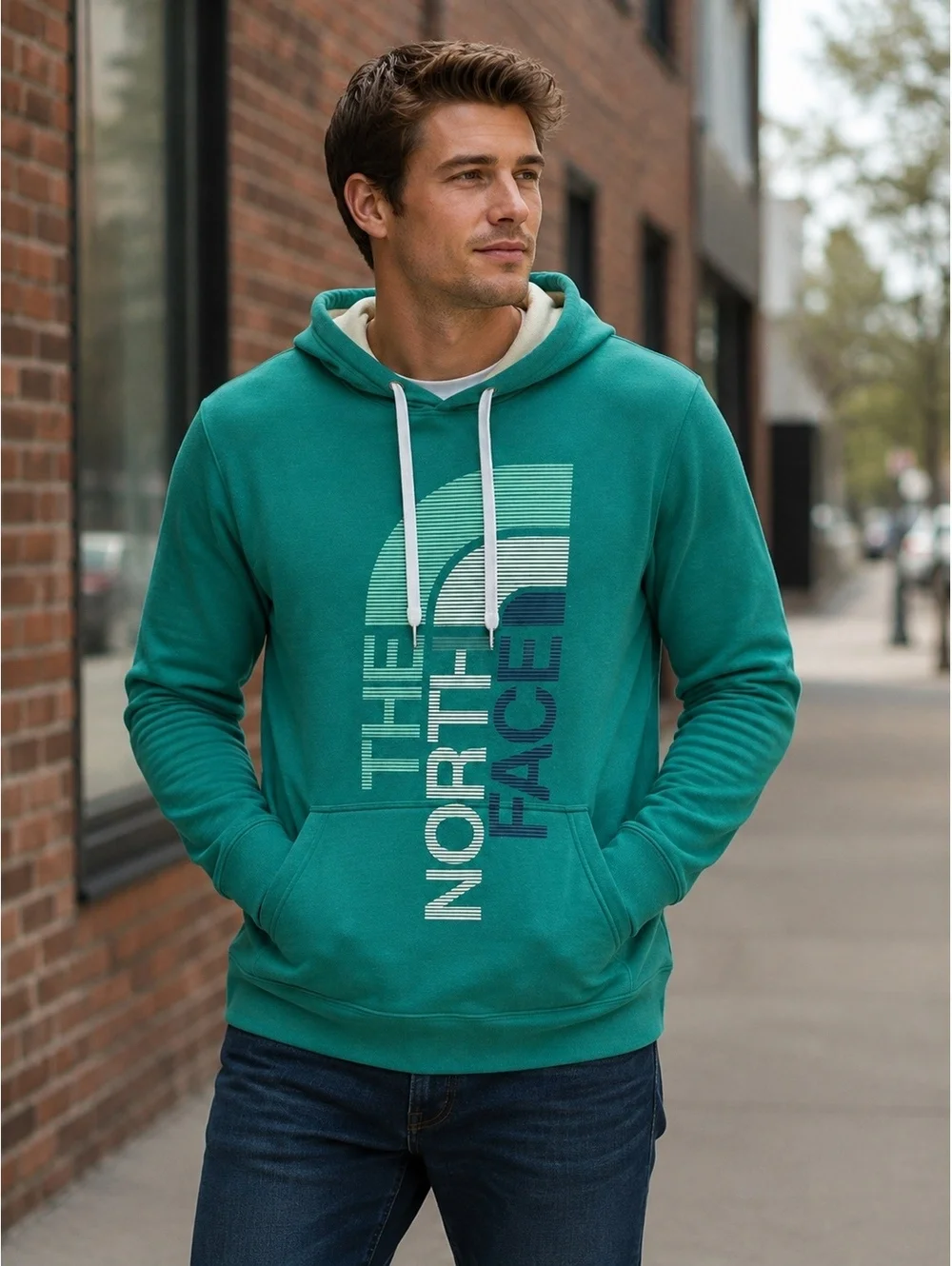The North Face Hoodie Men’s Medium Green Graphic Pullover Kangaroo Pocket